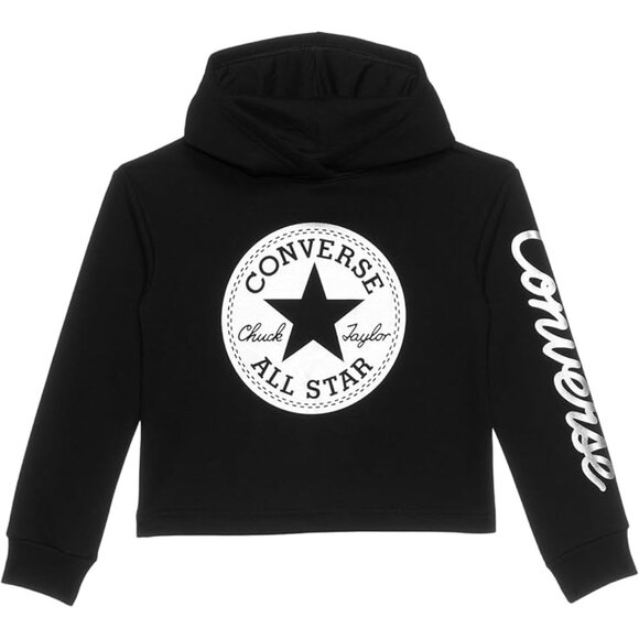 Black Kid's Hoodie With Silver Details Converse Chuck Patch Cropped Hoodie TEENS - Picture 1 of 12
